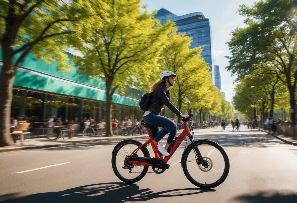A dynamic urban scene featuring diverse riders joyfully navigating the city on stylish super E-bikes, surrounded by vibrant green parks and modern architecture. The setting includes bright city life with cafes, pedestrians, and colorful street art. Sunlight filters through trees, creating a lively atmosphere. Showcase various E-bike designs, and add energy with motion blur effects. super-realistic. vibrant colors. urban landscape.
