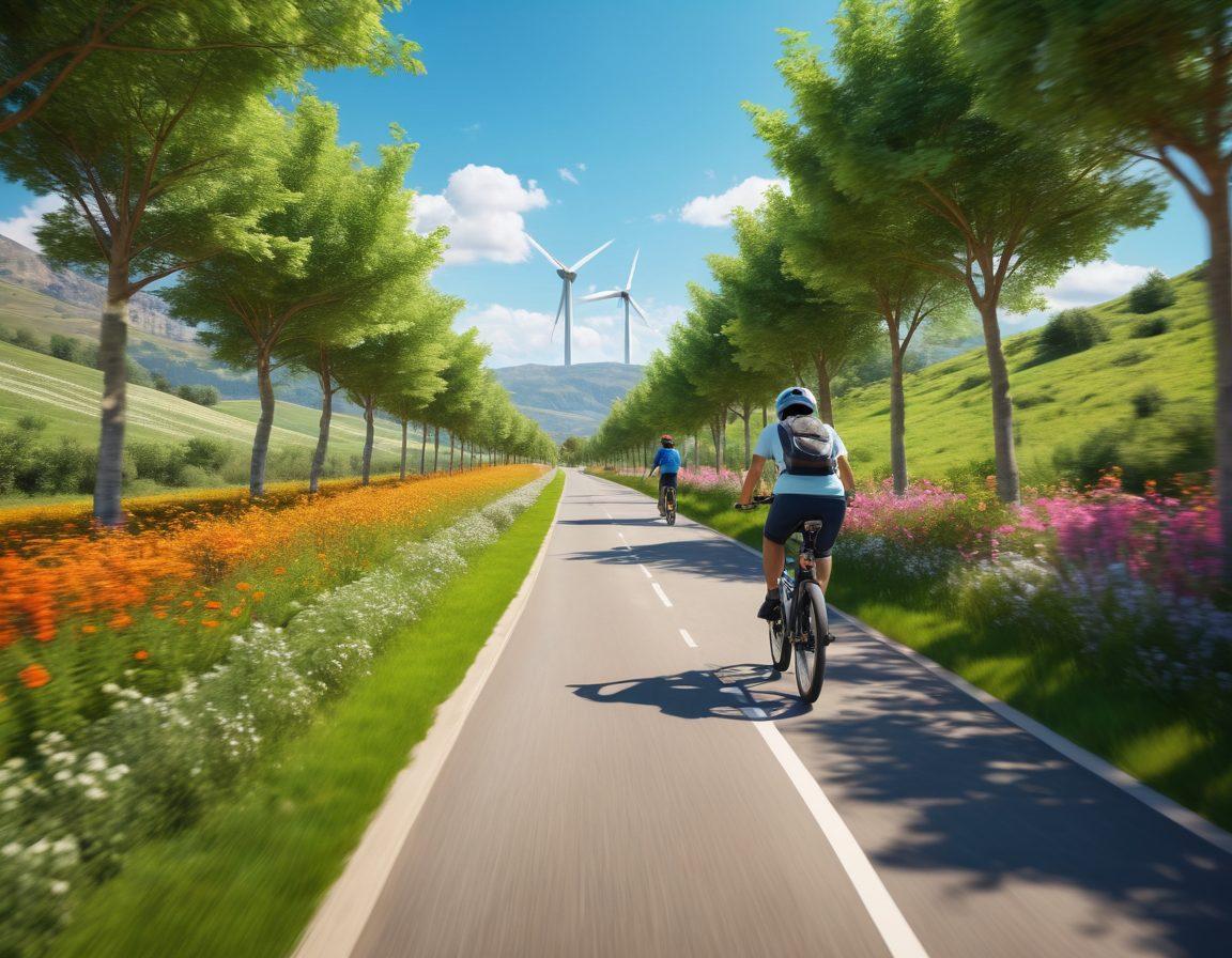 A scenic landscape featuring a sleek, futuristic electric bicycle gliding along a vibrant green pathway surrounded by lush trees and blooming flowers. In the background, a clear blue sky meets distant rolling hills, hinting at a progressive, eco-friendly future. Add cyclists wearing helmets, smiling and enjoying nature, with symbols of sustainability like solar panels or wind turbines subtly integrated. Capture a sense of joy and freedom in a harmonious setting. super-realistic. vibrant colors. 3D.