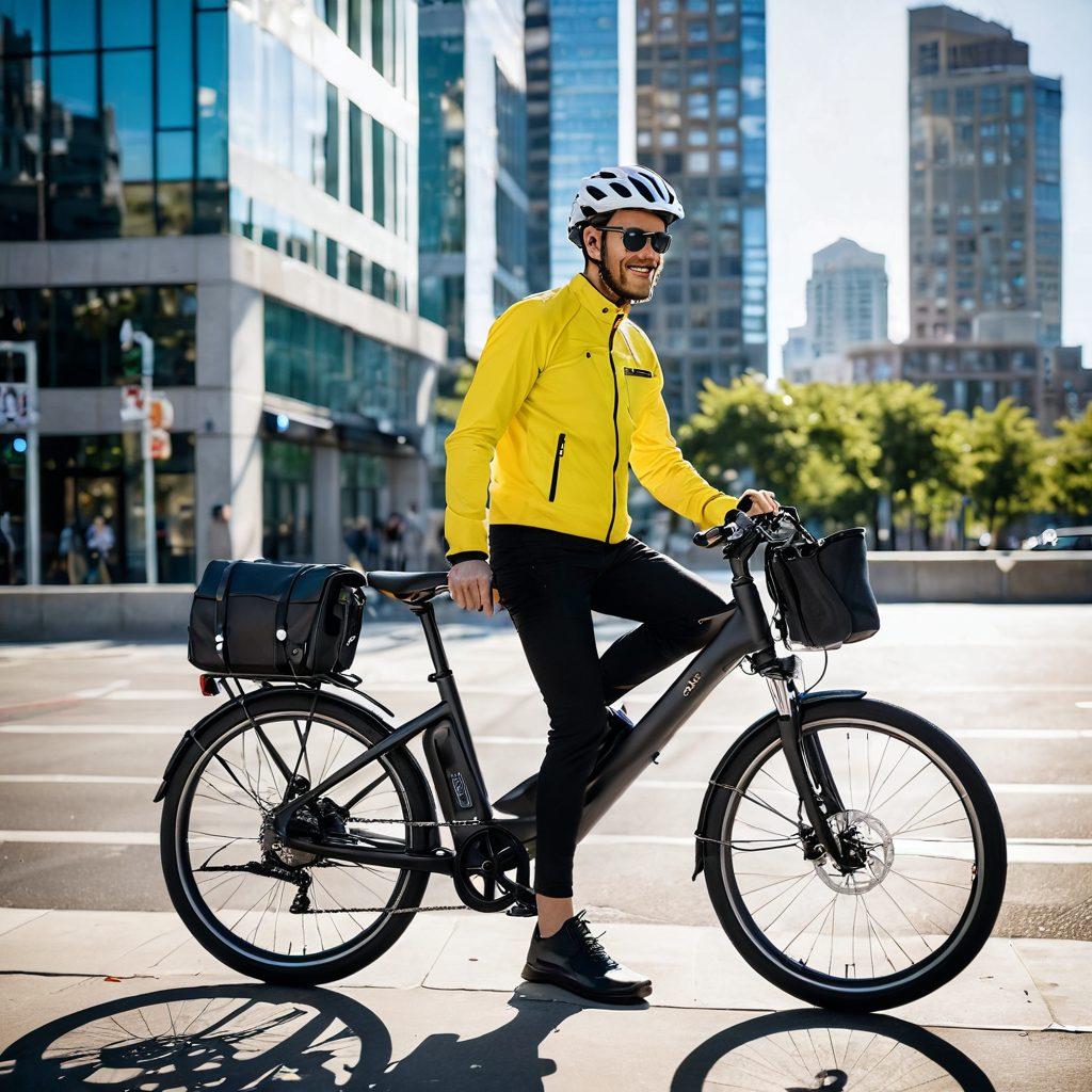 A sleek electric bike parked against a modern city skyline, surrounded by essential accessories like a stylish helmet, smart GPS device, and a foldable bike lock. Bright sunlight reflects off the bike's metallic frame, creating a dynamic feel, while a diverse group of cyclists in the background share laughter and tips. The scene embodies enthusiasm and adventure, showcasing the e-bike lifestyle. super-realistic. vibrant colors. urban setting.